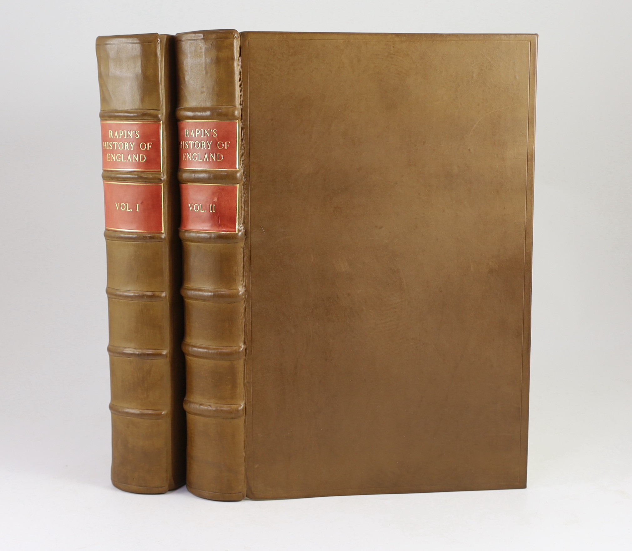 Rapin de Thoryras, Paul - The History of England, 2nd edition, 2 vols, folio, rebound full calf, with 4 folding maps, lacking portrait, red ink staining to leaf edges at end of vol 2, James, John and Paul Knapton, London